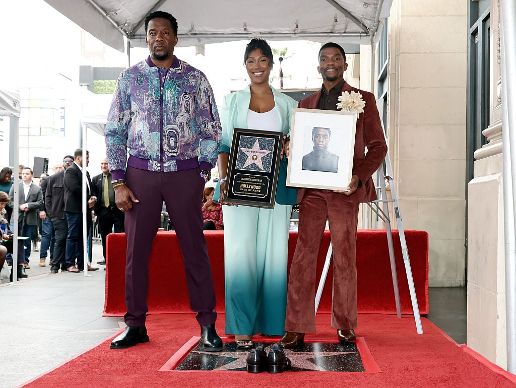 Derrick Boseman, Taylor Simone Ledward and Kevin Boseman attend as Actor Chadwick Boseman is honored with a Posthumous Star on the Hollywood Walk of Fame on November 20, 2025 in Hollywood, California. 